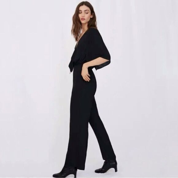 Maje Black Silky Deep V-Neck Front Tie Jumpsuit - Picture 1 of 9